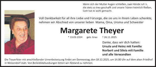 Traueranzeige von Margarete Theyer von Nordbayerische Nachrichten Herzogenaurach Lokal