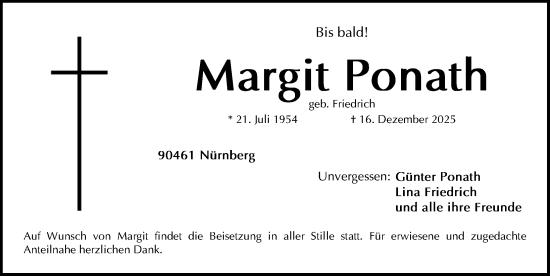 Traueranzeige von Margit Ponath von Gesamtausgabe Nürnberger Nachrichten/ Nürnberger Ztg.