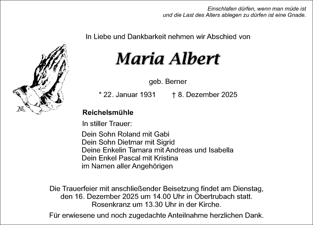  Traueranzeige für Maria Albert vom 13.12.2025 aus Nordbayerische Nachrichten Forchheim Lokal