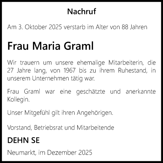 Traueranzeige von Maria Graml von Neumarkter Nachrichten Lokal