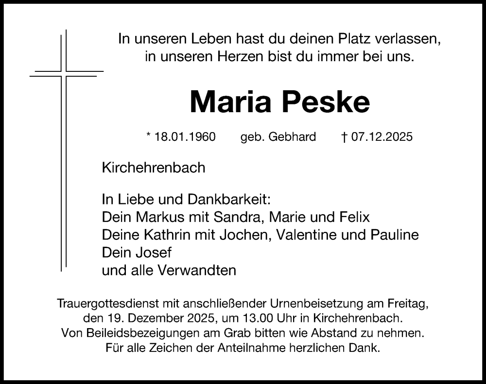  Traueranzeige für Maria Peske vom 13.12.2025 aus Nordbayerische Nachrichten Forchheim Lokal