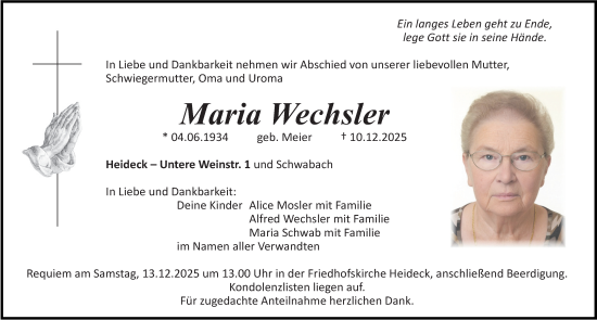 Traueranzeige von Maria Wechsler von Roth-Hilpoltsteiner Volkszeitung Lokal