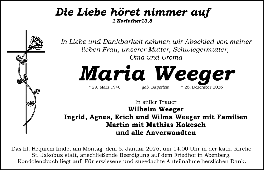  Traueranzeige für Maria Weeger vom 31.12.2025 aus Schwabacher Tagblatt Lokal