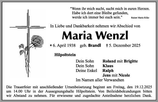 Traueranzeige von Maria Wenzl von Roth-Hilpoltsteiner Volkszeitung Lokal