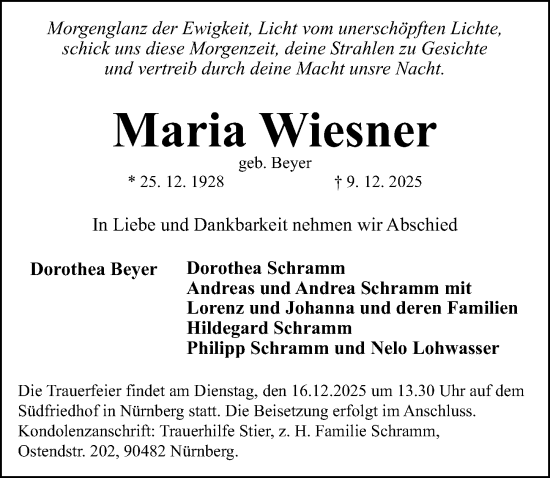 Traueranzeige von Maria Wiesner von Gesamtausgabe Nürnberger Nachrichten/ Nürnberger Ztg.