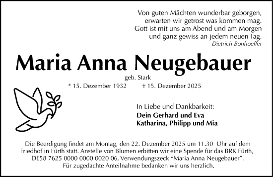 Traueranzeige von Maria Anna Neugebauer von Fürther Nachrichten Lokal