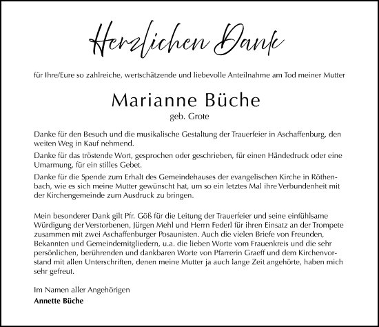 Traueranzeige von Marianne Büche von Schwabacher Tagblatt Lokal