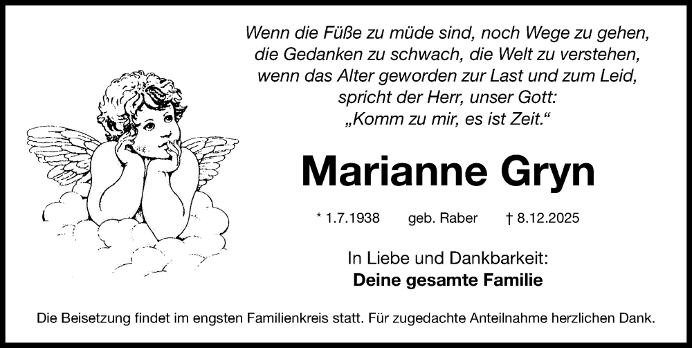  Traueranzeige für Marianne Gryn vom 20.12.2025 aus Fürther Nachrichten Lokal