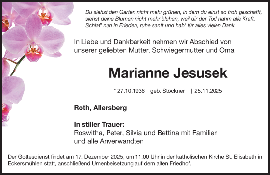 Traueranzeige von Marianne Jesusek von Roth-Hilpoltsteiner Volkszeitung Lokal