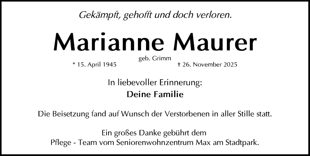 Traueranzeige für Marianne Maurer vom 20.12.2025 aus Gesamtausgabe Nürnberger Nachrichten/ Nürnberger Ztg.