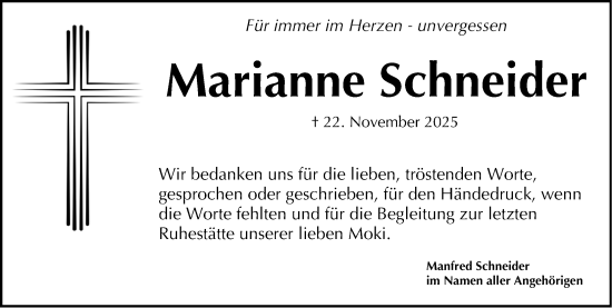 Traueranzeige von Marianne Schneider von Gesamtausgabe Nürnberger Nachrichten/ Nürnberger Ztg.