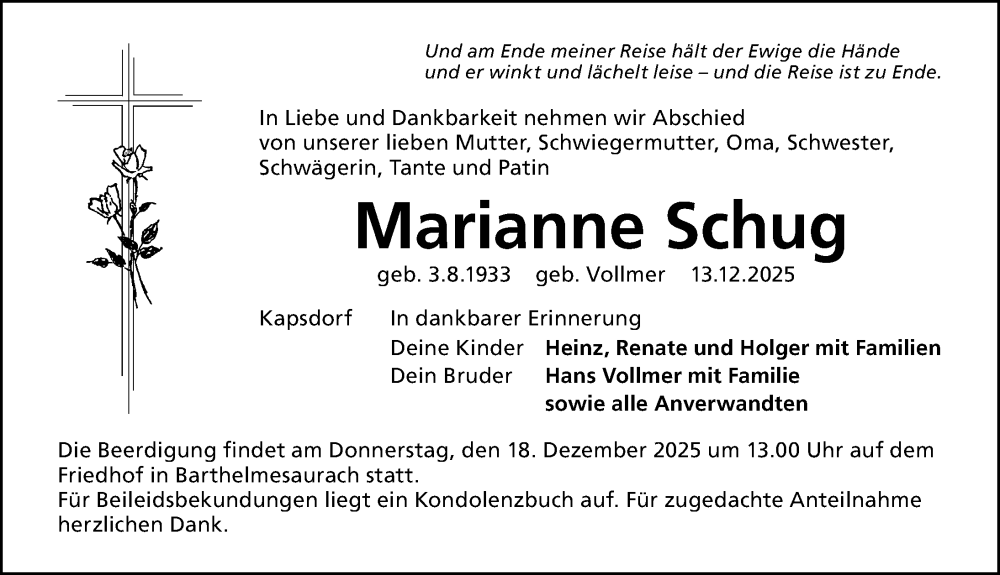  Traueranzeige für Marianne Schug vom 16.12.2025 aus Schwabacher Tagblatt Lokal