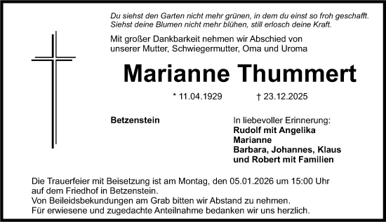 Traueranzeige von Marianne Thummert von Nordbayerische Nachrichten Pegnitz Lokal