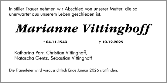 Traueranzeige von Marianne Vittinghoff von Erlanger Nachrichten Lokal