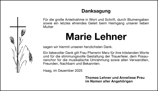 Traueranzeige von Marie Lehner von Schwabacher Tagblatt Lokal