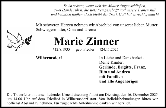 Traueranzeige von Marie Zinner von Fürther Nachrichten Lokal