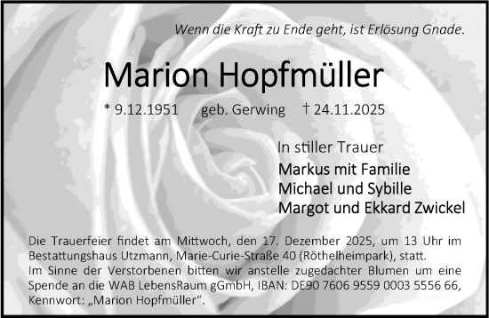 Traueranzeige von Marion Hopfmüller von Erlanger Nachrichten Lokal