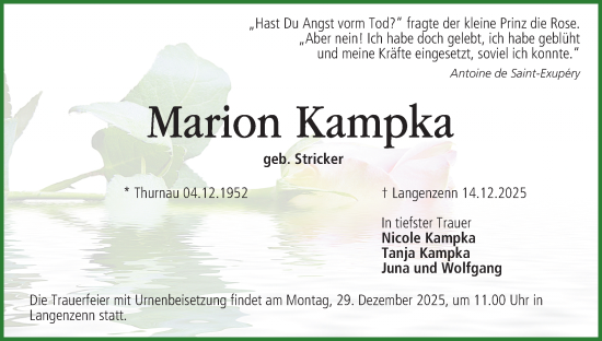 Traueranzeige von Marion Kampka von Fürther Nachrichten Lokal