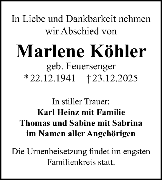Traueranzeige von Marlene Köhler von Gesamtausgabe Nürnberger Nachrichten/ Nürnberger Ztg.
