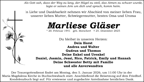 Traueranzeige von Marliese Gläser von Fürther Nachrichten Lokal