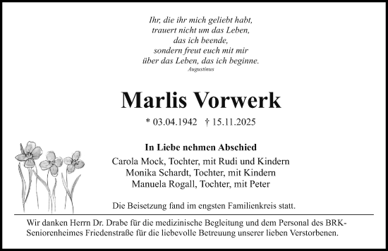 Traueranzeige von Marlis Vorwerk von Neumarkter Nachrichten Lokal