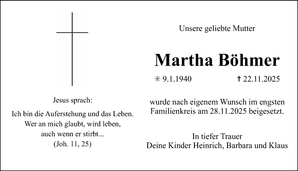  Traueranzeige für Martha Böhmer vom 13.12.2025 aus Erlanger Nachrichten Lokal