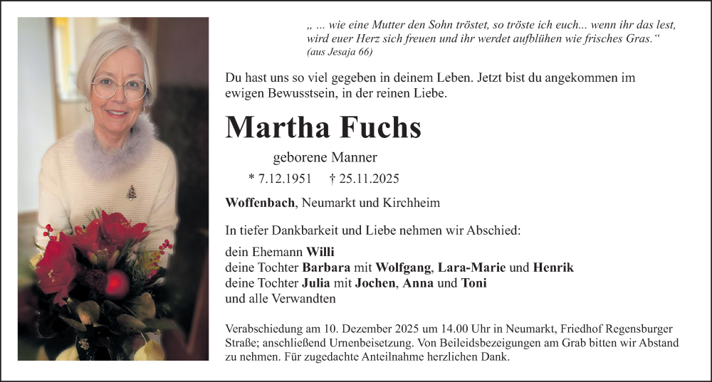  Traueranzeige für Martha Fuchs vom 06.12.2025 aus Neumarkter Nachrichten Lokal