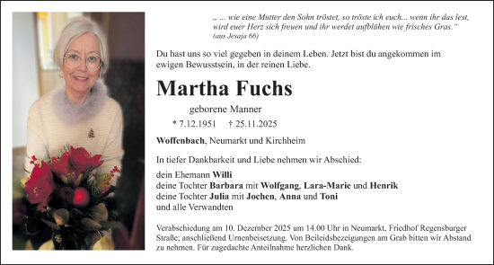 Traueranzeige von Martha Fuchs von Neumarkter Nachrichten Lokal