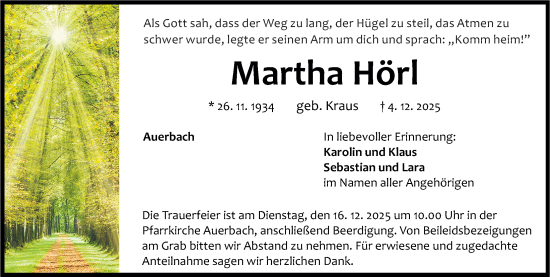 Traueranzeige von Martha Hörl von Nordbayerische Nachrichten Pegnitz Lokal
