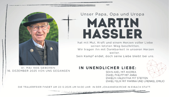 Traueranzeige von Martin Hassler von Gesamtausgabe Nürnberger Nachrichten/ Nürnberger Ztg.