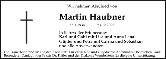 Traueranzeige von Martin Haubner von Schwabacher Tagblatt Lokal