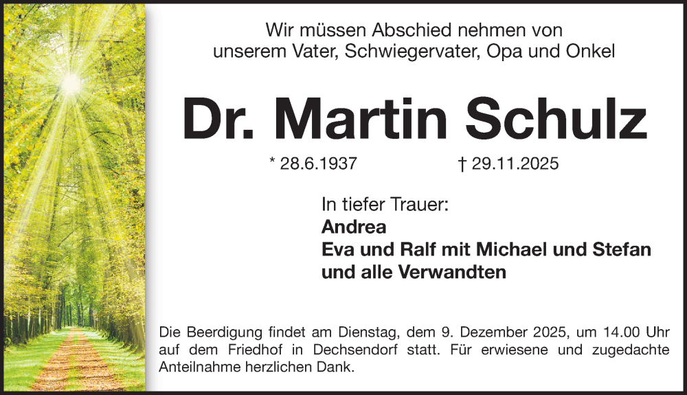  Traueranzeige für Martin Schulz vom 06.12.2025 aus Erlanger Nachrichten Lokal