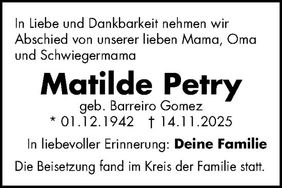 Traueranzeige von Matilde Petry von Gesamtausgabe Nürnberger Nachrichten/ Nürnberger Ztg.