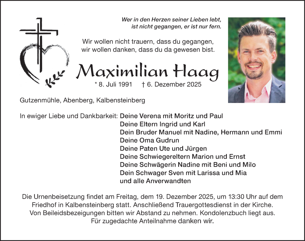 Traueranzeige für Maximilian Haag vom 13.12.2025 aus HST,HAB