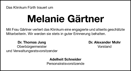 Traueranzeige von Melanie Gärtner von Fürther Nachrichten Lokal