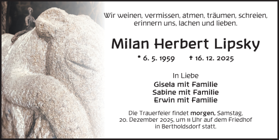 Traueranzeige von Milan Herbert Lipsky von Gesamtausgabe Nürnberger Nachrichten/ Nürnberger Ztg.