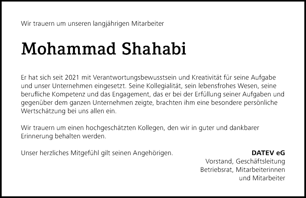  Traueranzeige für Mohammad Shahabi vom 19.12.2025 aus Gesamtausgabe Nürnberger Nachrichten/ Nürnberger Ztg.