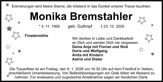 Traueranzeige von Monika Bremstahler von Nordbayerische Nachrichten Pegnitz Lokal