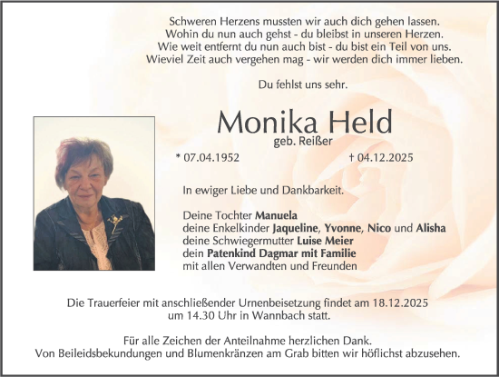 Traueranzeige von Monika Held von Nordbayerische Nachrichten Forchheim Lokal