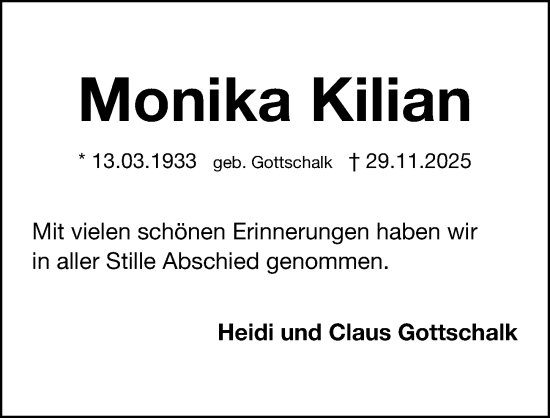 Traueranzeige von Monika Kilian von Gesamtausgabe Nürnberger Nachrichten/ Nürnberger Ztg.