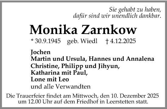 Traueranzeige von Monika Zarnkow von Gesamtausgabe Nürnberger Nachrichten/ Nürnberger Ztg.
