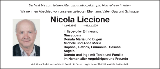 Traueranzeige von Nicola Liccione von Fürther Nachrichten Lokal