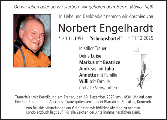 Traueranzeige von Norbert Engelhardt von Nordbayerische Nachrichten Forchheim Lokal