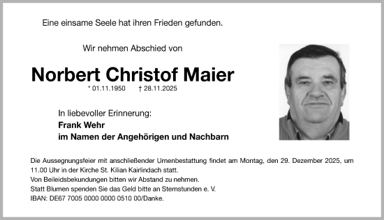 Traueranzeige von Norbert Christof Maier von Nordbayerische Nachrichten Herzogenaurach Lokal