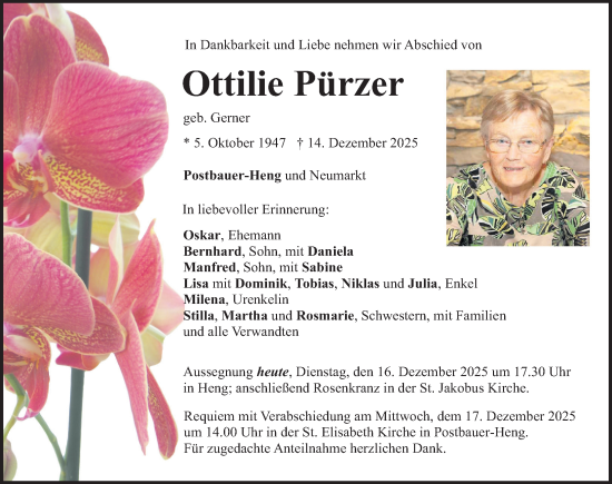 Traueranzeige von Ottilie Pürzer von Neumarkter Nachrichten Lokal