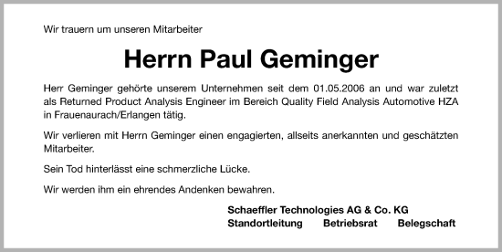 Traueranzeige von Paul Geminger von Schwabacher Tagblatt Lokal
