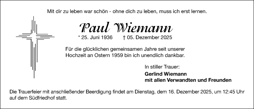  Traueranzeige für Paul Wiemann vom 13.12.2025 aus Gesamtausgabe Nürnberger Nachrichten/ Nürnberger Ztg.