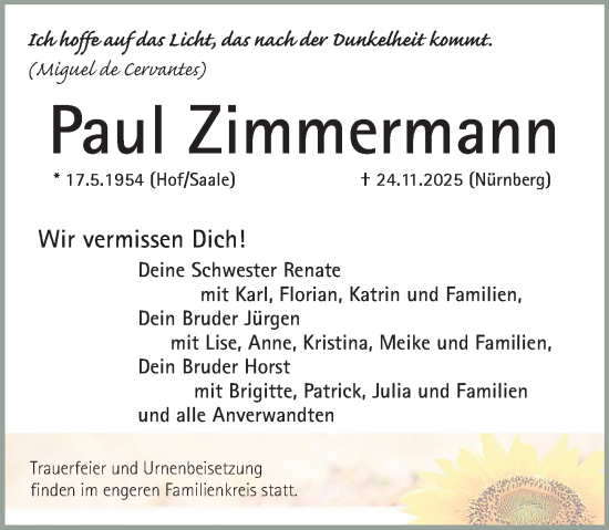 Traueranzeige von Paul Zimmermann von Gesamtausgabe Nürnberger Nachrichten/ Nürnberger Ztg.
