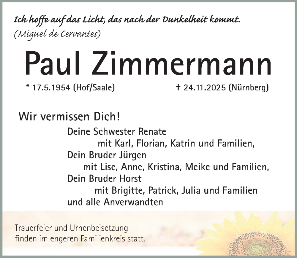  Traueranzeige für Paul Zimmermann vom 06.12.2025 aus Gesamtausgabe Nürnberger Nachrichten/ Nürnberger Ztg.