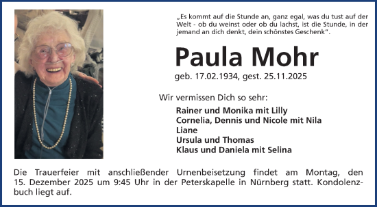 Traueranzeige von Paula Mohr von Gesamtausgabe Nürnberger Nachrichten/ Nürnberger Ztg.
